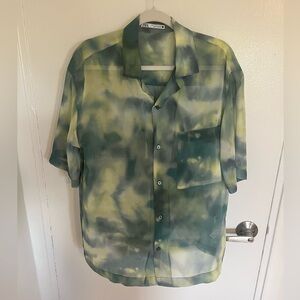 Zara Portugal Green and Yellow short sleeve see through button up